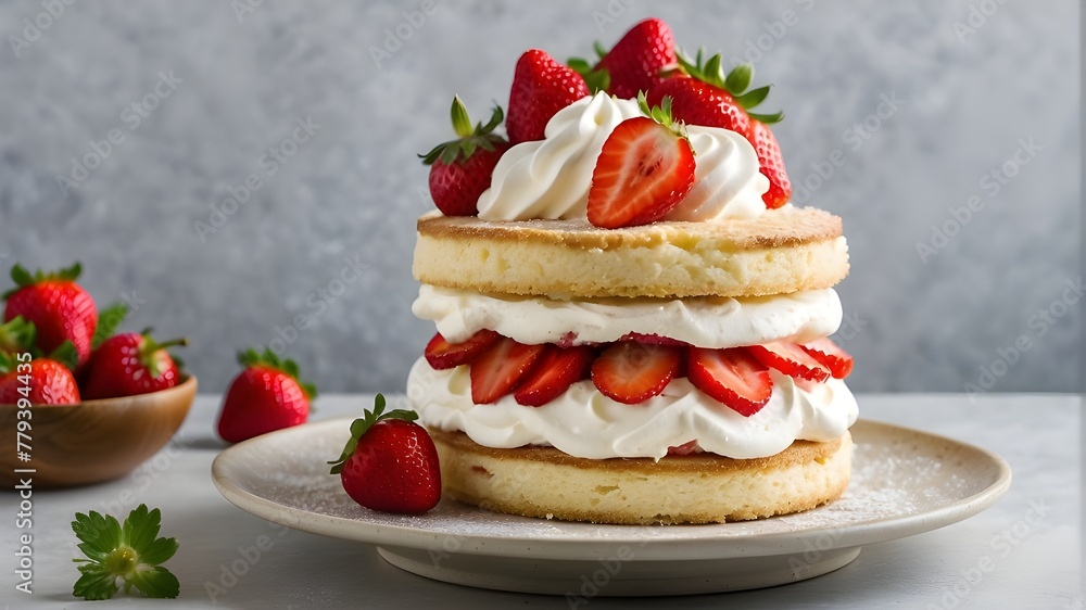 cheesecake with strawberries and mint, A summery strawberry shortcake featuring layers of sponge cake, whipped cream, and fresh strawberries 