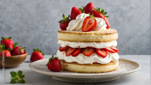 cheesecake with strawberries and mint, A summery strawberry shortcake featuring layers of sponge cake, whipped cream, and fresh strawberries 