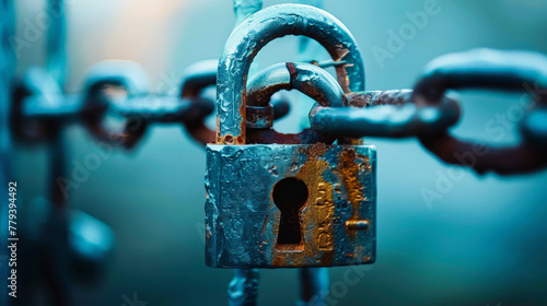 Close-up of a rusted padlock with water droplets on a chain link fence, symbolizing security or restriction. photo