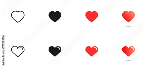 Heart and love vector icon set. Red valentine's day romantic symbols. Black passion signs isolated. Heart shape medicine concept.