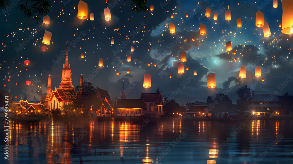An immersive digital illustration of a festive scene with floating lanterns ascending by a traditional temple during a cultural nighttime celebration, Loy Krathong in Thailand