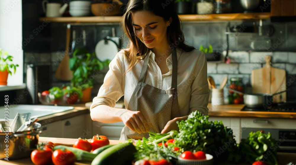 A woman preparing food in a kitchen with fresh tomatoes, greens, and a well-lit, cozy ambiance. Cooking, healthy eating concept. A woman preparing food in a kitchen with fresh tomatoes, greens, and a well-lit, cozy ambiance. Cooking, healthy eating concept.