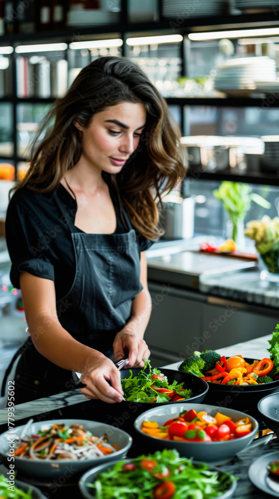 A woman in a black apron preparing a meal with fresh vegetables in a kitchen setting.