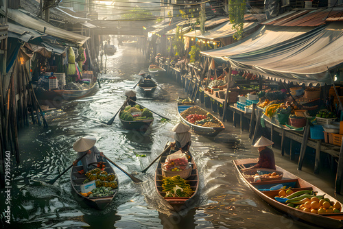 A vibrant image of a traditional floating market in Thailand with boats laden with fresh produce © Napat