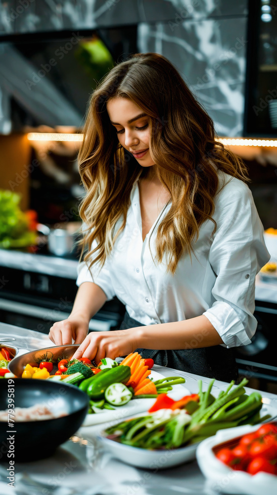 A woman in a white shirt chopping vegetables in a modern kitchen with ingredients and pan on the counter. A woman in a white shirt chopping vegetables in a modern kitchen with ingredients and pan on the counter.