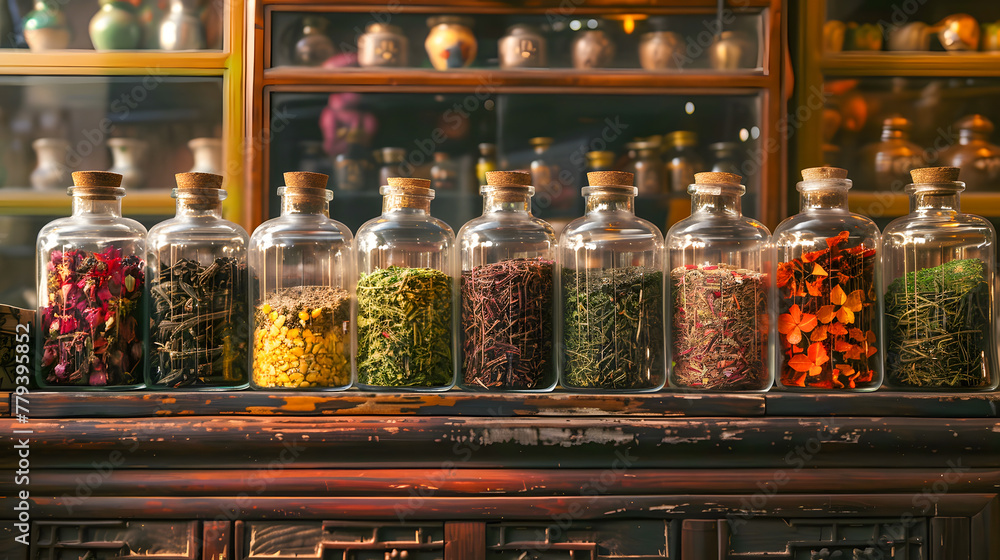 Rows of glass jars filled with various dried herbs and spices on an old wooden shelf depict natural healing and tradition Rows of glass jars filled with various dried herbs and spices on an old wooden shelf depict natural healing and tradition