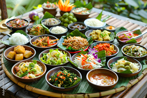 An elaborate array of Asian cuisine dishes placed on banana leaves captures the diversity and flavor of the region's culinary arts