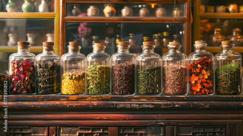 Rows of glass jars filled with various dried herbs and spices on an old wooden shelf depict natural healing and tradition