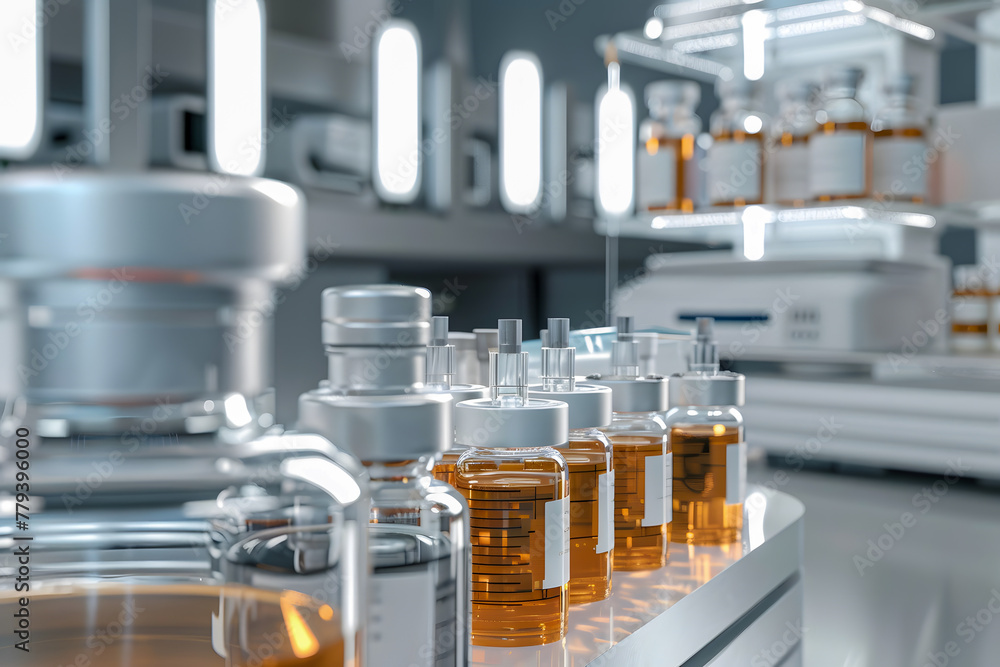 A highly detailed depiction of a sophisticated pharmaceutical production line A highly detailed depiction of a sophisticated pharmaceutical production line