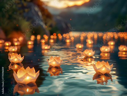 An enchanting scene of floating lanterns gently lighting a dusky lake
