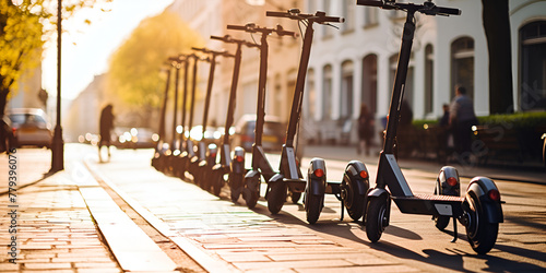 A row of scooters on a sidewalk with people walking in the background.
 photo
