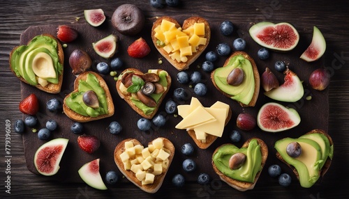 Heart-shaped toasts adorned with avocado, egg, mushrooms, cheese, blueberries, figs, and peas on a dark wooden surface.