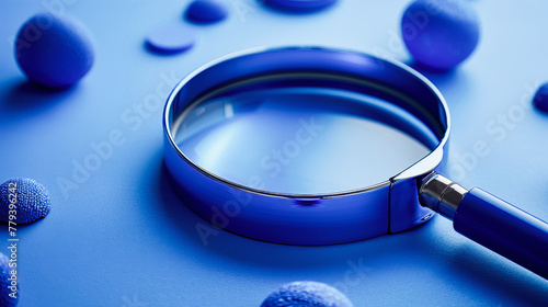 A magnifying glass lies on a blue surface surrounded by abstract blue shapes, suggesting analysis, scrutiny, or scientific examination.