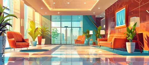 Modern lobby featuring contemporary orange seating and lush green plants