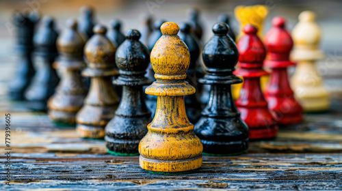 Valokuva Black and white chess pieces with a single yellow bishop in focus on a textured wooden chessboard