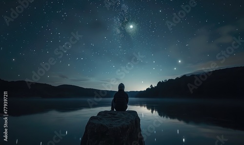 A person at the edge of the lake looks at the amazing night sky full of stars. photo