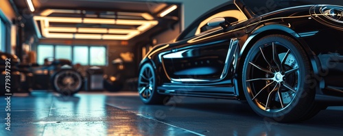 Capturing the sleek design and advanced technology of a luxury concept car, this close up highlights the intricate details of a parked vehicle's alloy wheel and synthetic rubber tire 