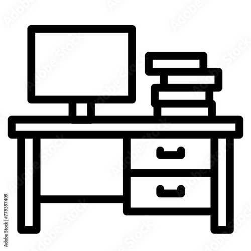 Office workspace desk icon. Computer table with folders