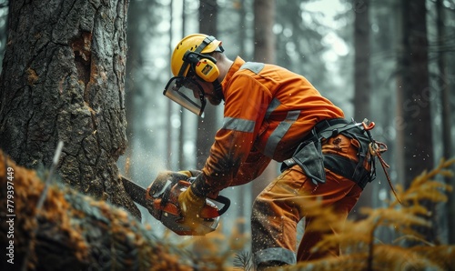 Action shots of lumberjack in orange suit and safety helmet cutting the trees with chainsaw in the amazing forrest.
