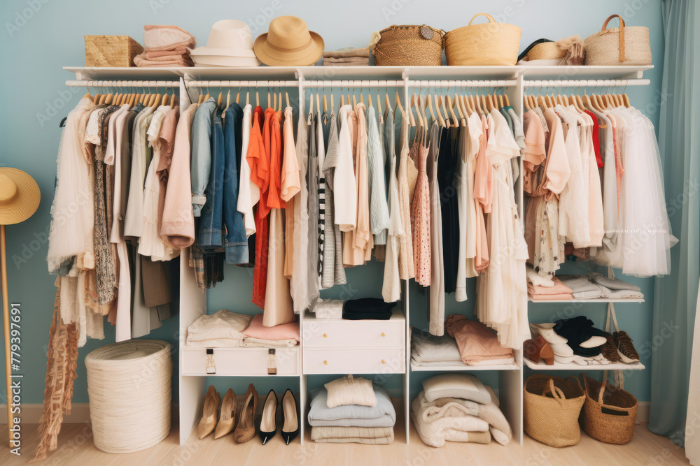 Large wardrobe with different clothes, home stuff and shoes