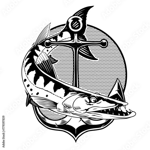 Fishing Barracuda Vintage Shirt Design in Black and White