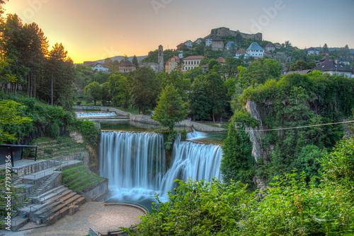 Sunset panorama of Bosnian town Jajce photo