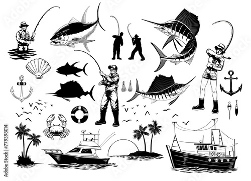 Fishing Set Illustration Hand Drawn Collection in Black and White