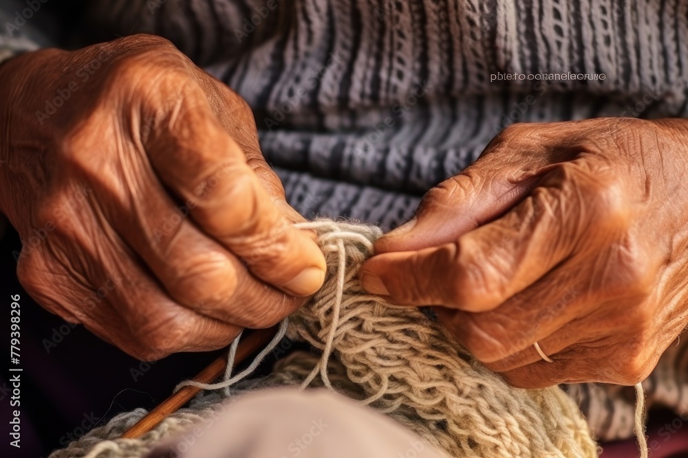 Hands of old woman in wrinkles with ring on finger crocheting ornament calming nerves and relieving stress with help of favorite hobby. Old woman peacefully spends time in retirement for crocheting