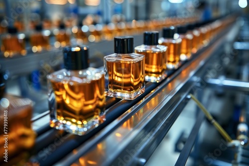 Automated production line for the production of luxury perfumes, modern factory.