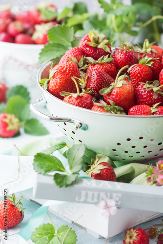 Ripen fresh strawberries in light green color metal colander on table with strawberries and leaves around in white background, fresh homegrown  berries served to eat, fresh fruit and food concept