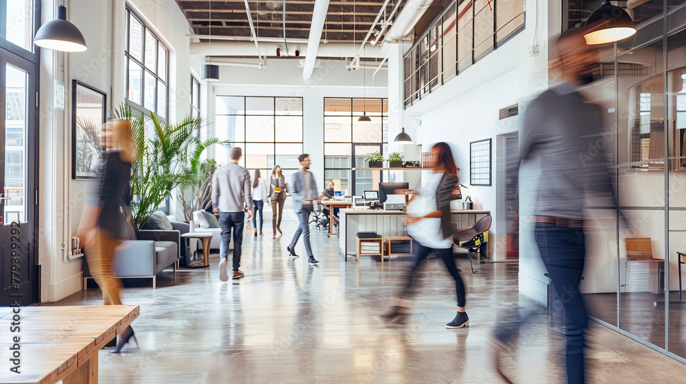 Business workplace with people walking  in blurred motion