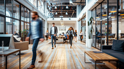 Business workplace with people walking in blurred motion