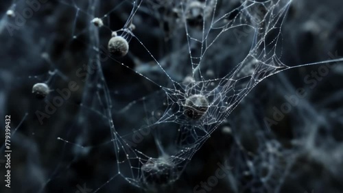 A dark and eerie closeup of a of fungal spores appearing almost liquidlike with a slimy gelatinous texture and encased in a web of . AI generation. photo