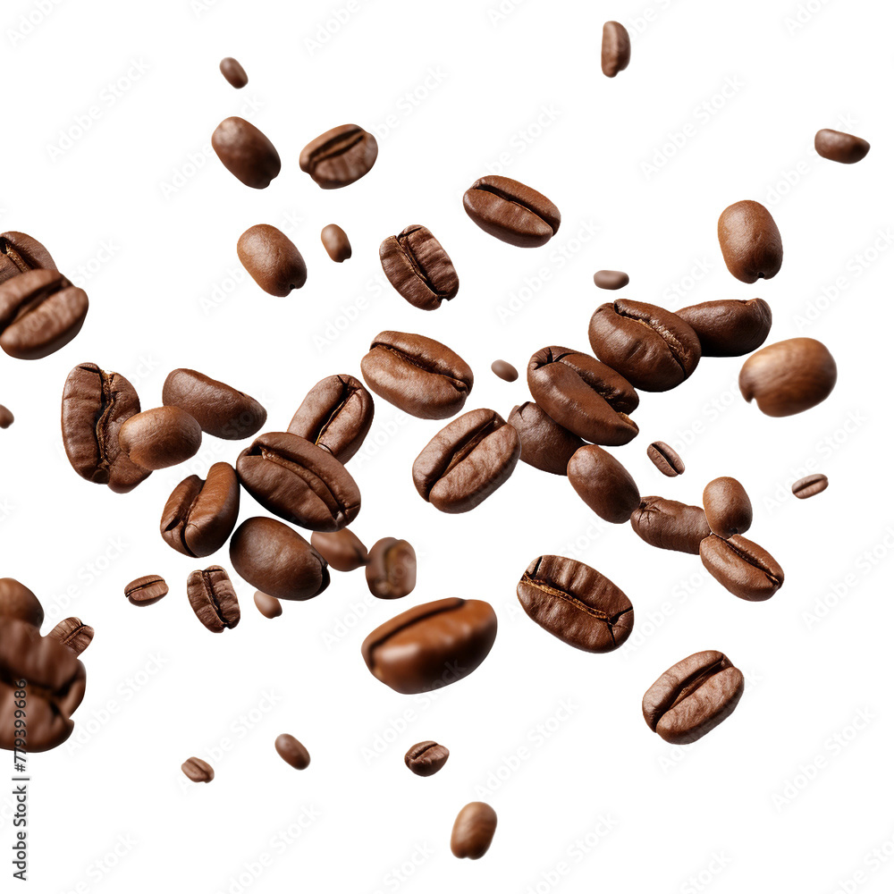 Fototapeta premium Coffee beans levitate or flying isolated on a white background with clipping path