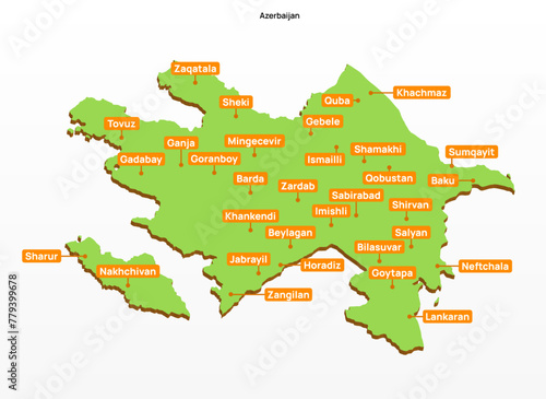 3d vector illustration graphic green color geographical map of Azerbaijan with largest cities shown