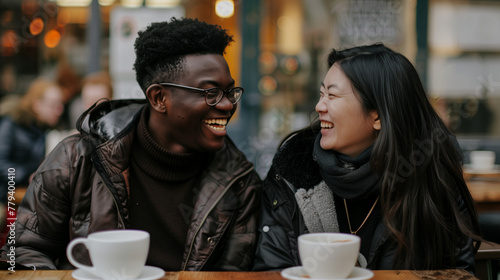 Happy multicultural couple laughing over coffee at an outdoor cafe
