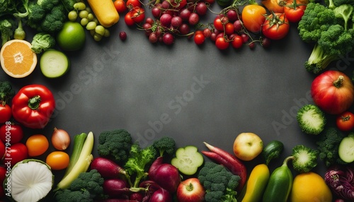 A variety of fresh, colorful organic vegetables and fruits on a grey background, promoting healthy eating. Top view with copy space in the center. © Marlon