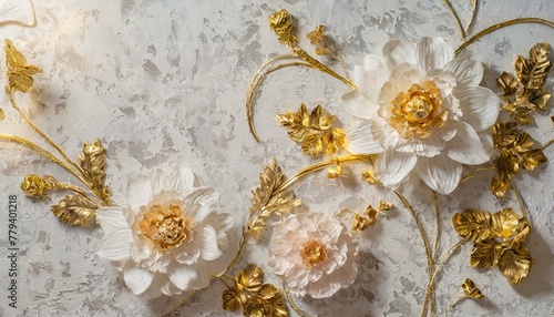 Gilded Bloom: Textured Plaster Wall with Luxurious Floral Decor and Golden Accents"