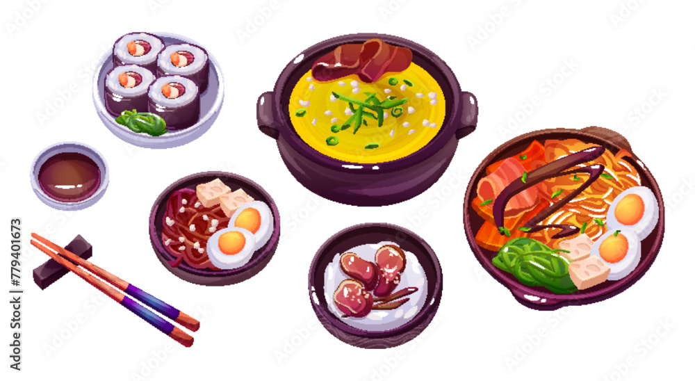 Naklejka premium Traditional korean food in plates and bowls with chopsticks. Cartoon vector illustration set of oriental meals for dinner. Asian restaurant cuisine delicious cooking. Popular spicy cooked snack.