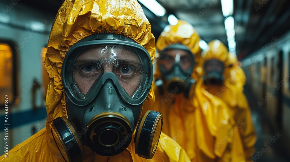 Group wearing protective hazmat suits during a training exercise in an underground subway environment at night Group wearing protective hazmat suits during a training exercise in an underground subway environment at night