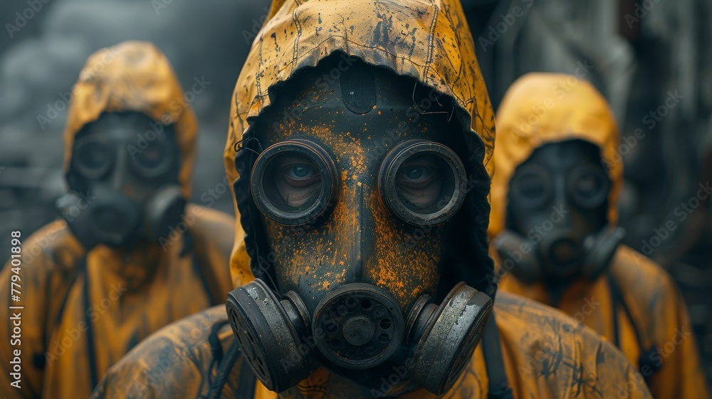Survivors in protective gear navigate a hazardous environment filled with smoke and debris during a dystopian crisis Survivors in protective gear navigate a hazardous environment filled with smoke and debris during a dystopian crisis