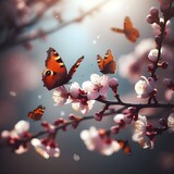 Let's protect the cherry blossom branches in the sun, the appearance of butterflies getting honey, the greatness of nature, and nature. Generative AI