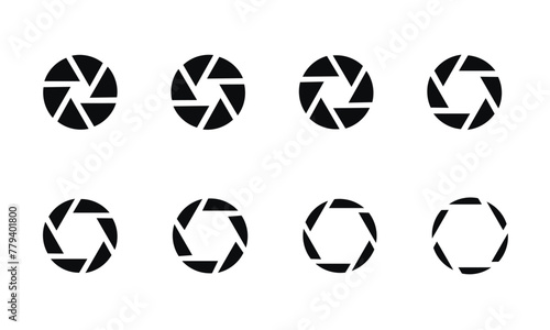 Camera shutter icons set. Camera lens diaphragm. Photo camera icon. Camera photography icons. Lens aperture, photo shutter, photo lens, shutter lens. Vector