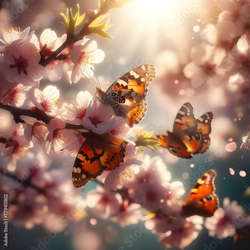 Let's protect the cherry blossom branches in the sun, the appearance of butterflies getting honey, the greatness of nature, and nature. Generative AI © slowlife kim