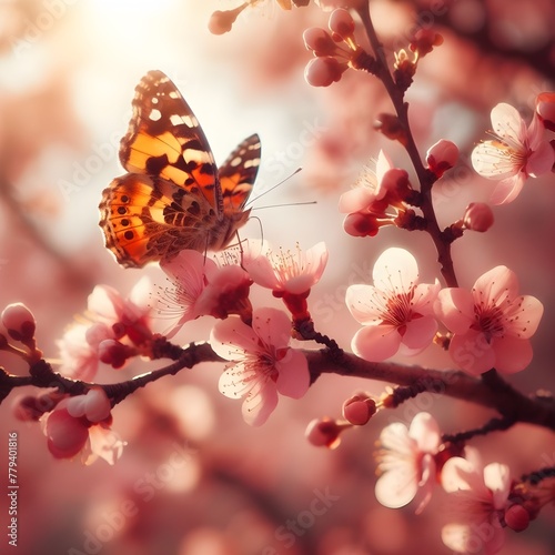 Let's protect the cherry blossom branches in the sun, the appearance of butterflies getting honey, the greatness of nature, and nature. Generative AI © slowlife kim