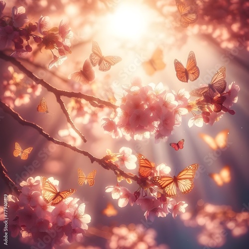 Let's protect the cherry blossom branches in the sun, the appearance of butterflies getting honey, the greatness of nature, and nature. Generative AI