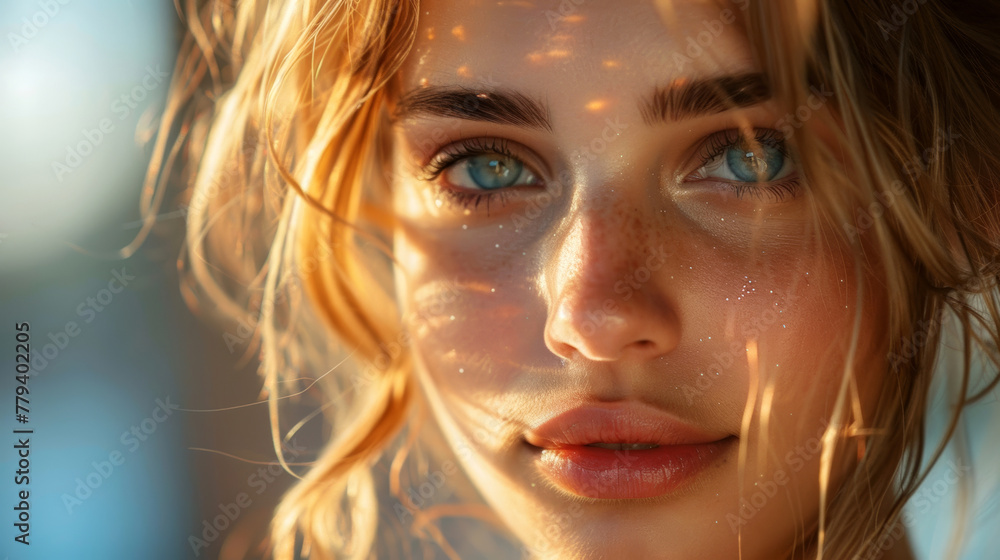 Close-up portrait of a woman with bright blue eyes illuminated by natural sunlight in a serene setting capturing a moment of beauty and tranquility Close-up portrait of a woman with bright blue eyes illuminated by natural sunlight in a serene setting capturing a moment of beauty and tranquility