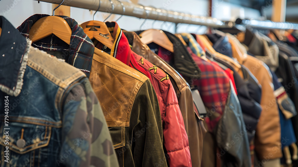 Various vintage jackets on a clothing rack in a second hand shop. AI generated