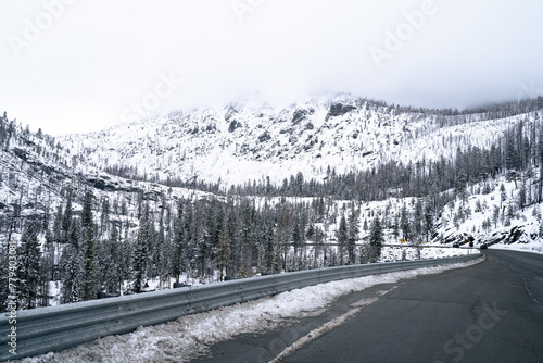 snow mountain valley with road and pine trees