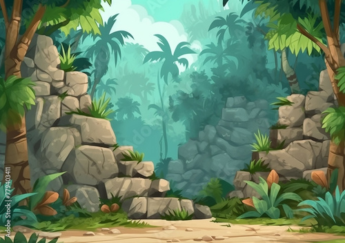 Illustration of a serene jungle scene with lush foliage, stone ruins, and a hazy tropical backdrop.